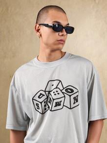 SUMWON Oversized Mesh Athletic T-Shirt With Dice Game Print Urban Streetwear Basketball Jersey Summer Festival Casual Top