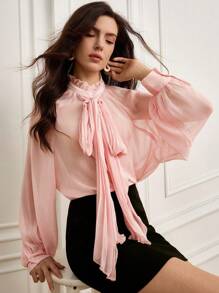 GENKIRA Elegant Chiffon Ruched Loose Collar Women Shirt With Bowknot Design, Sophisticated Style, Suitable For Work, Long Sleeve Fall Cloth For Women - Yellow - View 5