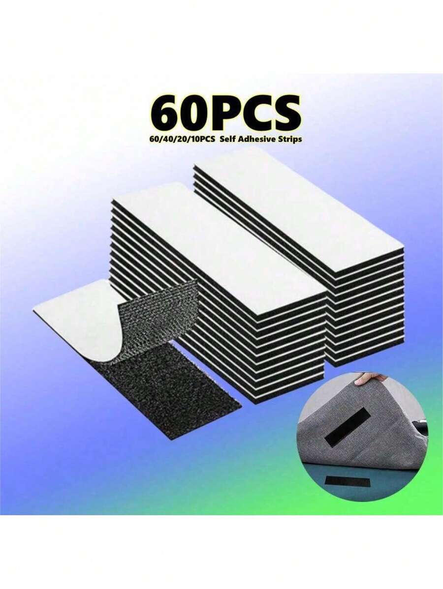 10/20/40/60pcs Self Adhesive Hook And Loop Strips, Sticky Back Tape Fastener, Heavy Duty Mounting Strips For Home Or Office Use - Instead Of Holes And Screws - Black - View 1