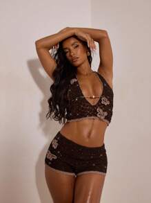 Opulessa Women 3D Floral Decor Fashion Knitted Shorts Holiday Outfits Summer Outfits Vacation In Fall/Winter