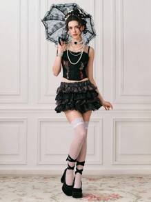 ROMWE EDITION 女士时尚蕾丝拼布蛋糕风格迷你裙，夏季 - 黑色 - 查看 5