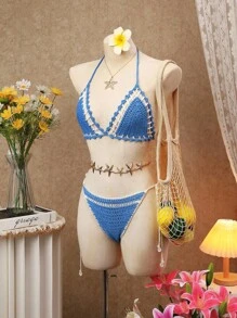 SHEIN Swim 2件套时尚手工钩针露背沙滩度假比基尼罩衫套装 - 藍白色 - 查看 4