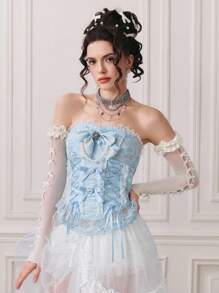 ROMWE Kawaii 女士复洛克风格浪漫珍珠蝴蝶结系带紧身胸衣上衣