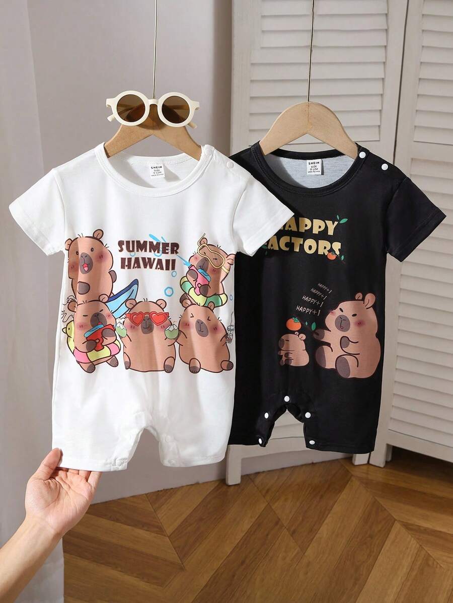 2pcs Baby Boy's Lightweight Romper, Cute Cartoon Print Short Sleeve Jumpsuit, Summer Outfit - Multicolor - View 1