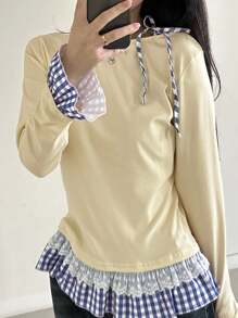 DAZY 女式格子拼接喇叭袖扭肩休闲T恤长袖女式上衣 - 黃色 - 查看 7