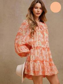 WESTFADE Summer Patchwork V Neck Ruffle Long Sleeve Mini Dress Beach Vacation - Orange - View 1