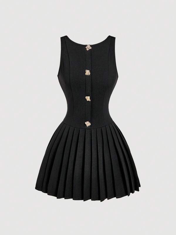 SHEIN MOD Vestido elegante con hebilla de metal plisada negra