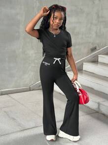 SHEIN Tween Girl Casual Ruched Crew Neck Tight Top & Flared Printed Pants 2-Piece Set, Buy 1 Get 1 Free - Multicolor - View 5