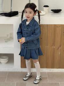 Dazy Kids 2 件套女童休闲水洗牛仔上衣和百褶裙套装，适合年轻女孩 - 藍色 - 查看 4