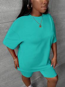 Slaydiva Bộ 2 áo thun trơn hở vai và quần short cỡ lớn cho nữ, thích hợp cho mùa hè - màu xanh lá - Xem 3