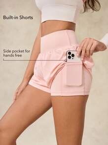 OutZeal 女士运动短裤 粉色 透气弹力 高腰 内置短裤 荷叶边下摆设计 运动裤