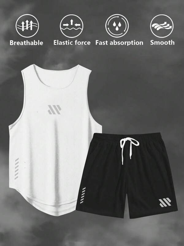 Manfinity Sport Polished Set sport pentru bărbați, cu imprimeu geometric, maiou și pantaloni scurți cu talie cu șnur, set de antrenament, top de sală, respirabil