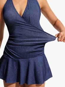 Flexra 女式性感露背吊带迷你牛仔连衣裙（夏季） - 中等水洗藍 - 查看 7