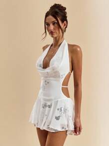 SHEIN BAE 性感亮片花朵刺绣露背迷你连衣裙，夏季 - 白色 - 查看 4