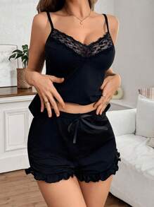 SHEIN Sexy Lace & Solid Milk Silk Camisole & Shorts Pajama Set For Women - Black - View 5