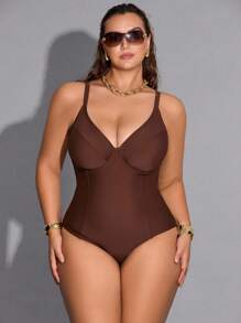 Shapewave Plus Size Women's Tummy Control Swimsuit, Padded Criss-Cross Back One-Piece Swimwear For Beach Vacation