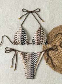 Swim Vcay Women All-Over Print Halter Twist Front Split Bikini Set For Summer Beach Vacation