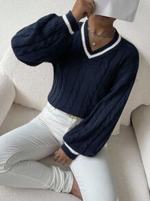 SHEIN PETITE 女式撞色边缘麻花针织长袖 V 领毛衣，秋冬针织套头衫 - 藏蓝色 - 查看 3