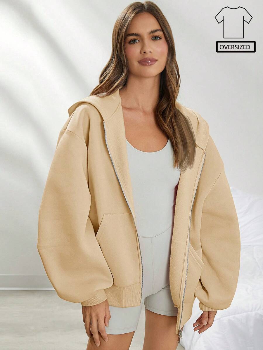 WESTFADE Summer Fleece Oversized Zip Up Long Sleeve Hoodie - Apricot - View 1