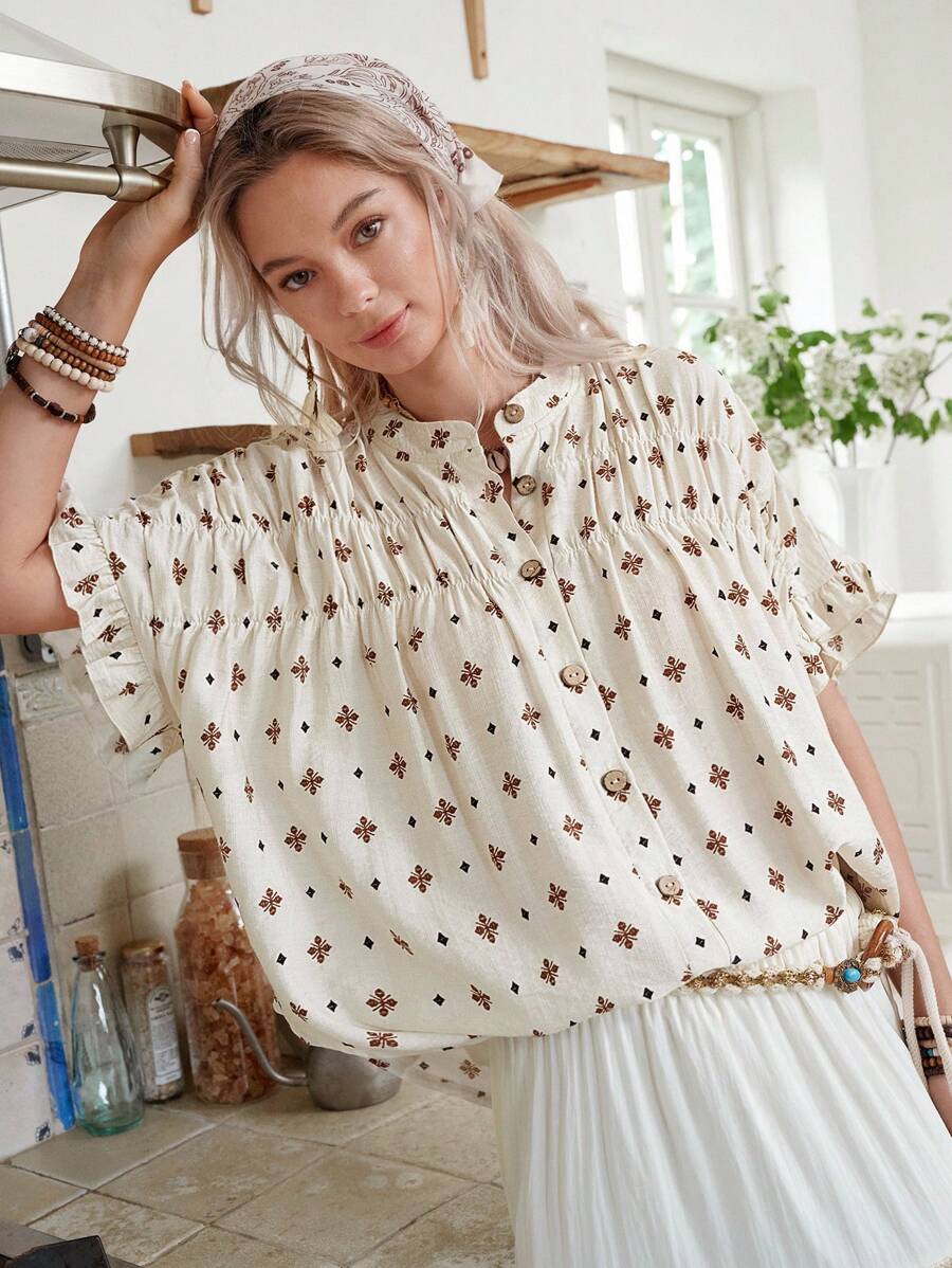 LanaWest New Women Short Sleeve Button Down Western Bohemian Style Casual Everyday Versatile Blouse - Apricot - View 1