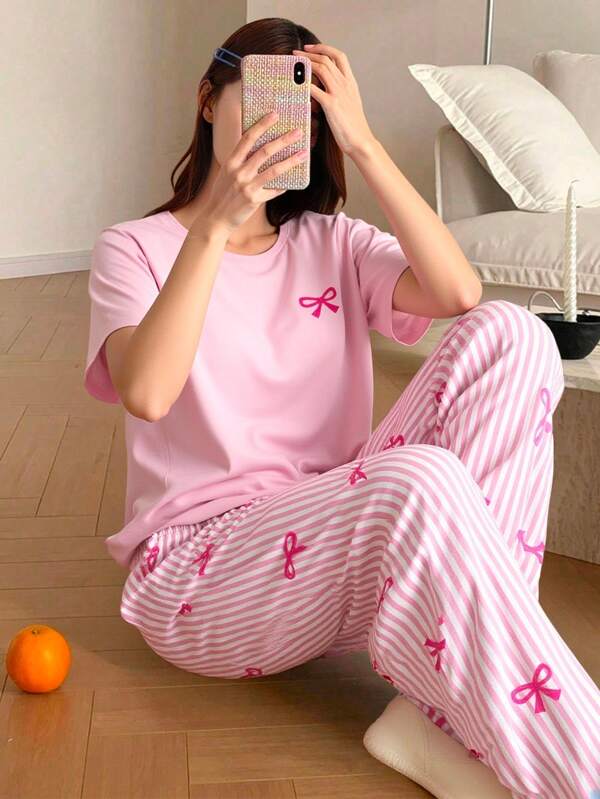 2er Set für Teenagermädchen, elegant, süß, einfache Mode mit rosa Schleifen-Deko, Rundhals Kurzarm-Top und rosa gestreifte Schleifen-Hose, bequeme Lässig Pyjamas