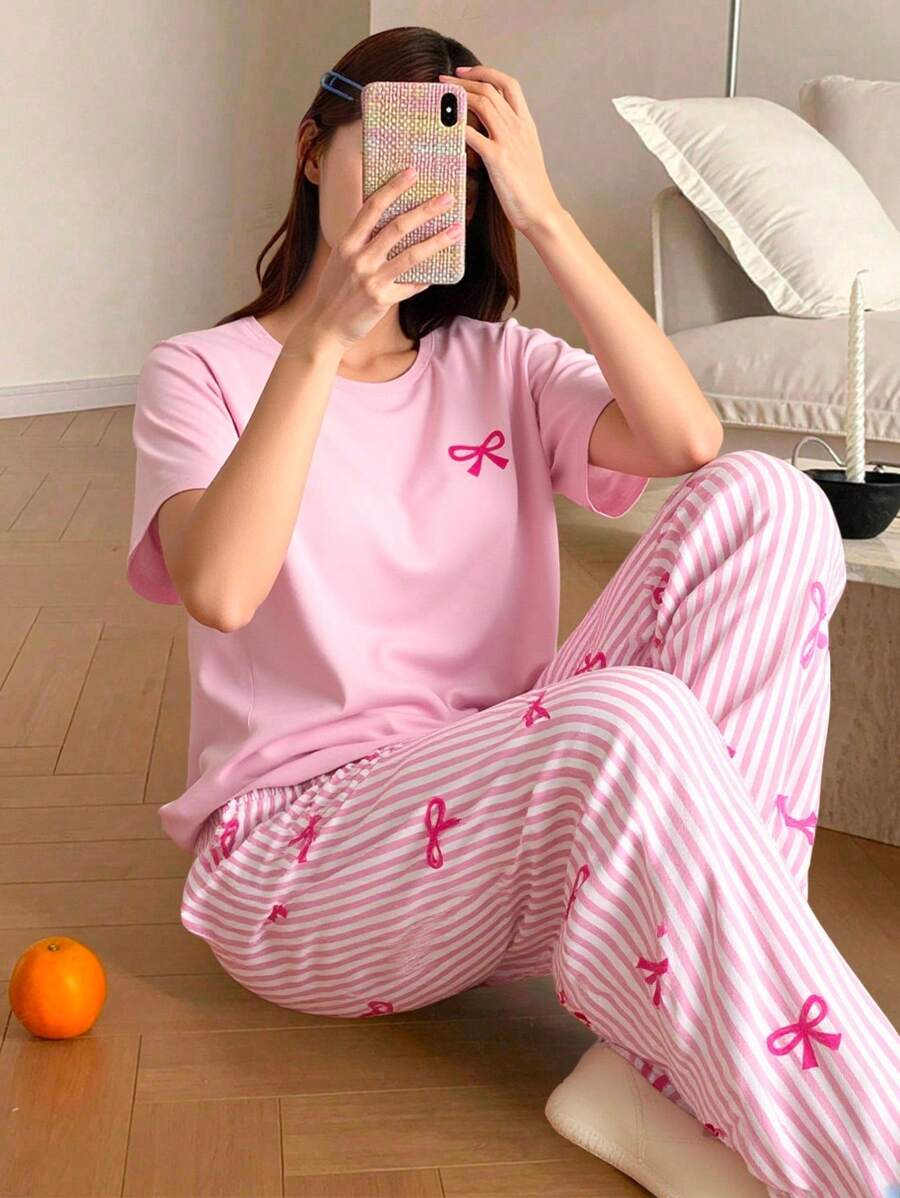 2 件套青少年女孩优雅甜美简约时尚粉色蝴蝶结装饰圆领短袖上衣和粉色条纹蝴蝶结裤子,舒适休闲睡衣 - 粉色 - 查看 1