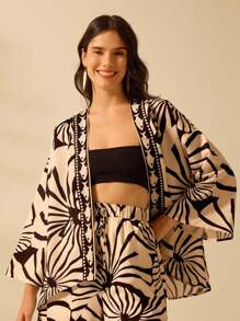 CAJUNI 女士波西米亚风印花、假日休闲夏季热带海滩灯笼袖短款和服罩衫 - 彩色 - 查看 1