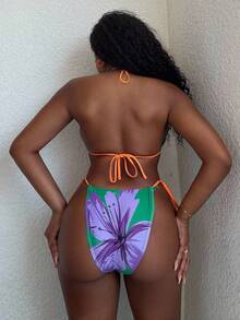 Alexandranx Summer Beach Floral Print Halter Triangle Bikini Set - Multicolor - View 2