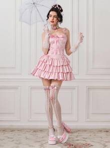 ROMWE EDITION Women's Vintage Palace Style Multi-Tier Ruffle Textured Satin Dress, Suitable For Wedding - Pink - View 6