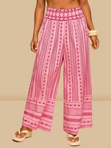 SHEIN VCAY 加大码女式粉色条纹复古印花阔腿宽腰裤，舒适度假夏季粉色波西米亚风裤，女式波西米亚风裤图案裤粉色裤子印花裤，度假海滩度假夏季城市休闲，波西米亚风别致波西米亚风格，欧洲夏季海岛度假蜜月旅行机场外出，乡村音乐会老钱 - 粉色 - 查看 4