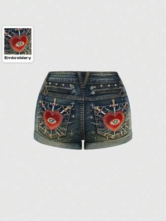 Fairycore Barock Gotische Herz Stickerei Strass Tränenform Stern Dekor Denim Shorts