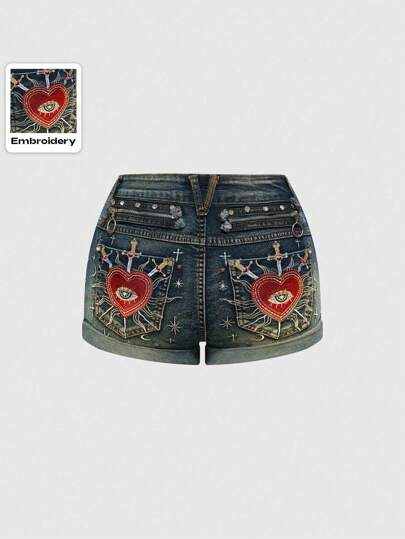 Fairycore شورت جينز مزين بتطريز قلب على الطراز الباروكي الجوتي والتجليد بالراين ستون والنجوم الدمعية