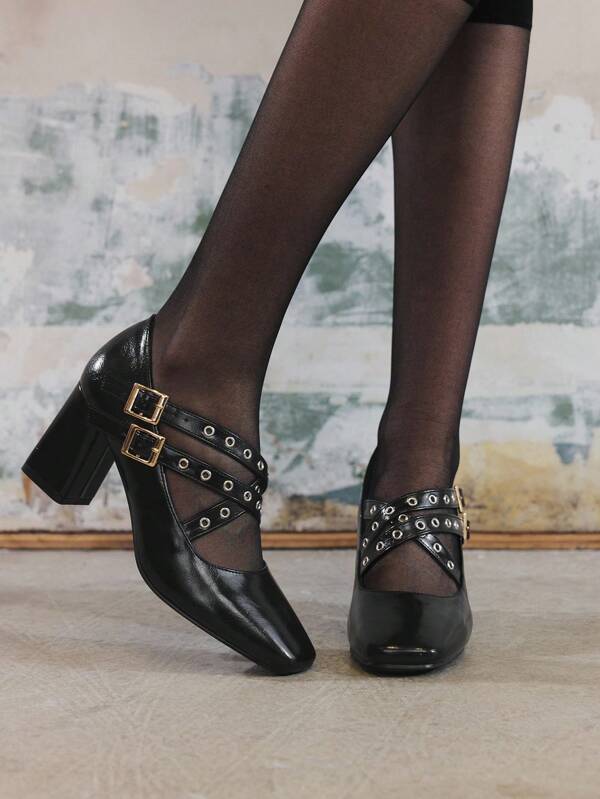 Sugerpunk Women's High Heel Mary Jane Mule Shoes, Black Thick Heel Square Toe With Chain Decor, Elegant Fashion Party Shoes