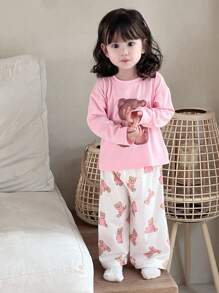 DAZY Toddler Girls' Casual Allover Print Short Sleeve T-Shirt + Full Print Long Pants Homewear Set