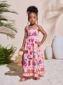 小女孩热带印花无袖连衣裙，夏季海滩度假兄弟姐妹装（2 件单独出售） - 粉色 - 查看 5