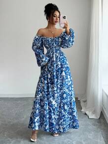 Elenzga 新款女式花卉印花长袖连衣裙，前部系带，露背，收腰设计，优雅休闲，适合约会、度假等场合 - 藍白色 - 查看 5