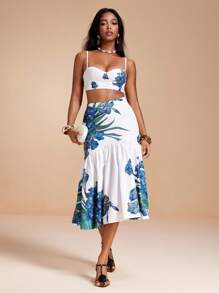 Stephany M Floral Print Straps Crop Top For Summer Women Vacation Holiday, Vacation, Cute And Kawaii Style, Floral Skirt Set - Multicolor - View 7