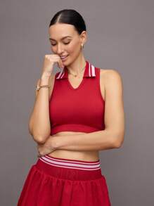 Activina 女式条纹短款修身无袖运动 Polo 衫 - 紅色 - 查看 7