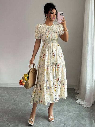 Elenzga Elegant Resort Flower Print Cabling Bust Waist Cinched Multi-Layer Patchwork Women's Dress