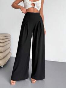 EURMUSE Weite plissierte Hose, zeitgenössisches Hüftdesign, bequemer Stoff - Schwarz - Übersicht 2