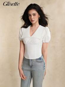 Teenagers (Girls) Casual Elegant Blouse, Peter Pan Collar V-Neck White Shirt With Puff Sleeves And Waist Cinched White Tops For Women Women Blouses Teen Blouses Fancy White Tops Puff Sleeve Tops