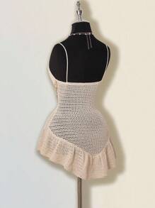 SHEIN ICON 女式夏季镂空钩针贝壳装饰荷叶边下摆吊带裙