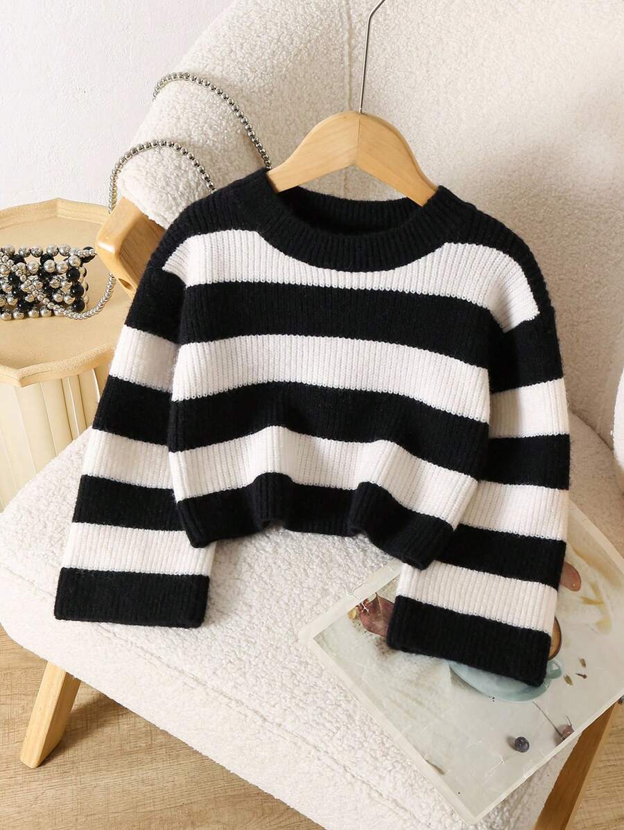 SHEIN Elladie kids 少女短款条纹套头毛衣,长袖休闲 - 黑與白 - 查看 1