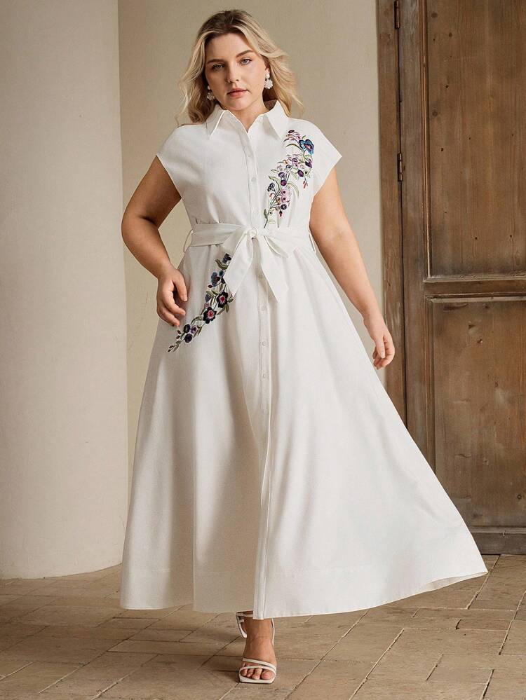 Robe chemise à manches courtes avec imprimé floral brodé, ceinture, pour femmes grande taille, nouvelle collection printemps/été