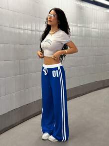 SHEIN Unity 女士数字印花腰部拼接休闲运动街头复古风宽松运动裤，春夏 - 寶藍色 - 查看 6