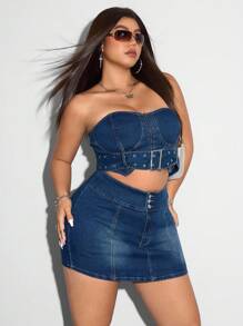 SHEIN ICON Große Größen Sommer Sexy Ausschnitt Bandeau Mini Denim Kleid
