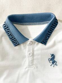 SHEIN 两件套男婴服装 - Polo 领短袖上衣搭配短裤，刺绣图案和罗纹袖子，打造精致外观，纹理面料短裤带来高档质感，是男婴的完美夏季服装 - 霧霾藍 - 查看 5