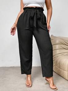 Firerie Plus Size Elegant Ruffle Edge Tie Waist Tapered Pocket Design Dress Pants Trousers For Work, Ankle Length Spring To Summer - Black - View 6