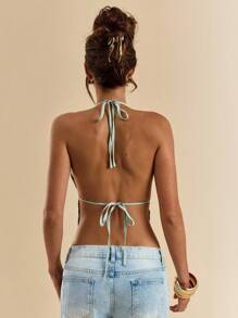 SHEIN BAE 女士纯蓝色亮片串珠提花吊带背心，度假背心，串珠花卉上衣，露背吊带背心，夏季吊带背心 - 薄荷綠 - 查看 2