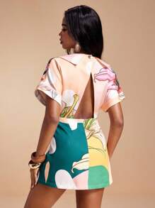 ISELACOS 热带印花落袖深 V 露背 A 字迷你连衣裙女式休闲夏季连衣裙 - 彩色 - 查看 2